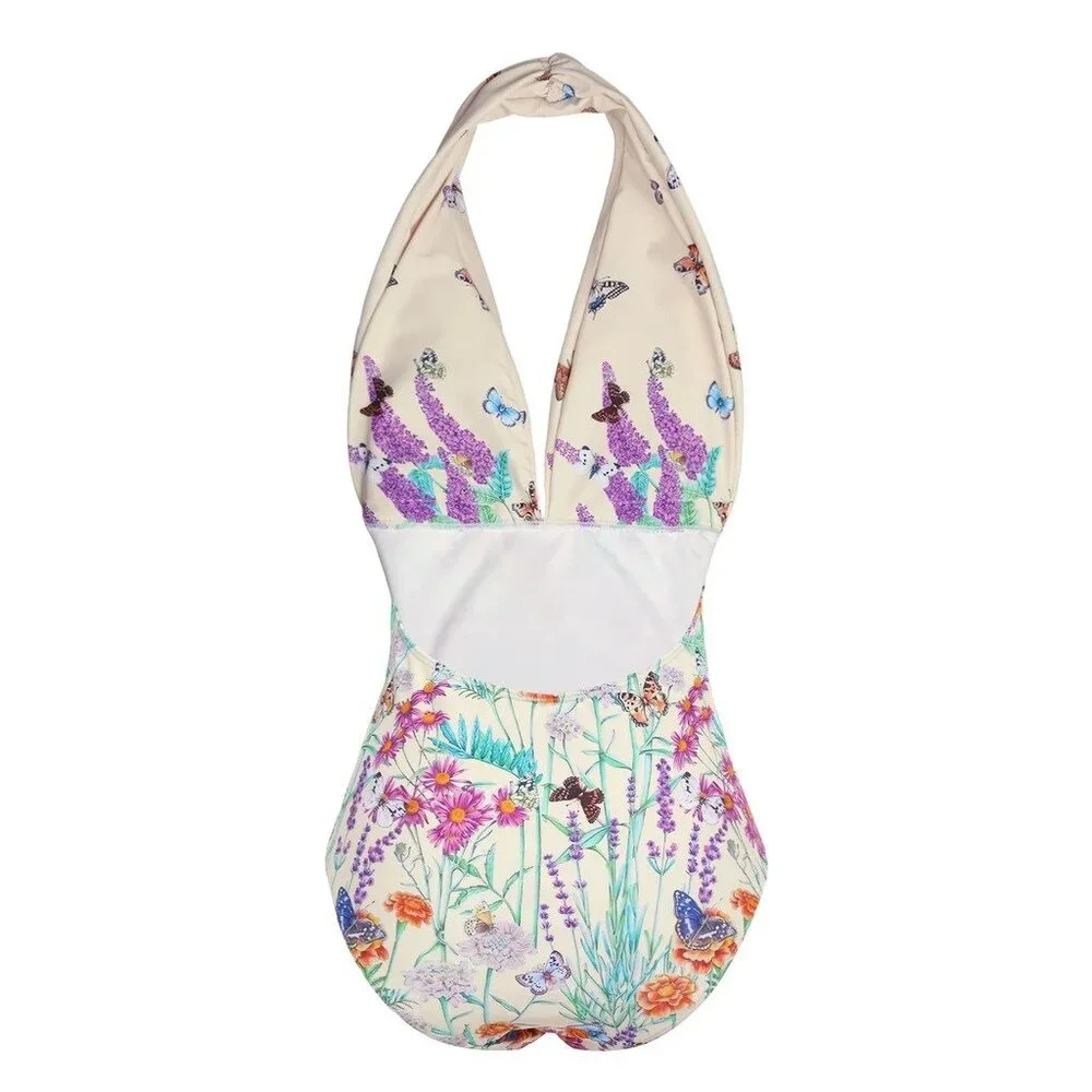 Retro Style Beige 1960s Butterfly Halter One-Piece Bikini Set - Picture 2 of 7